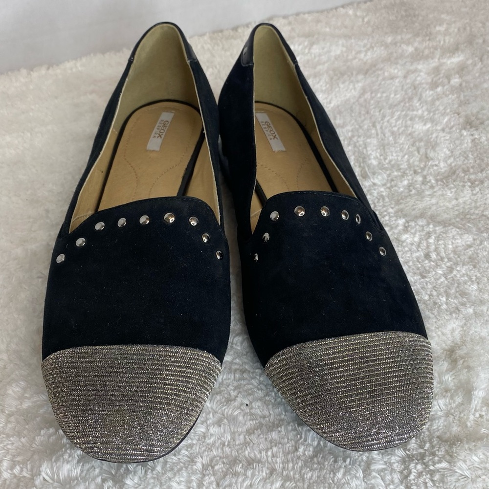 GEOX Respira Black Sueded Leather Loafers Silver Studs 39 - Picture 4 of 13